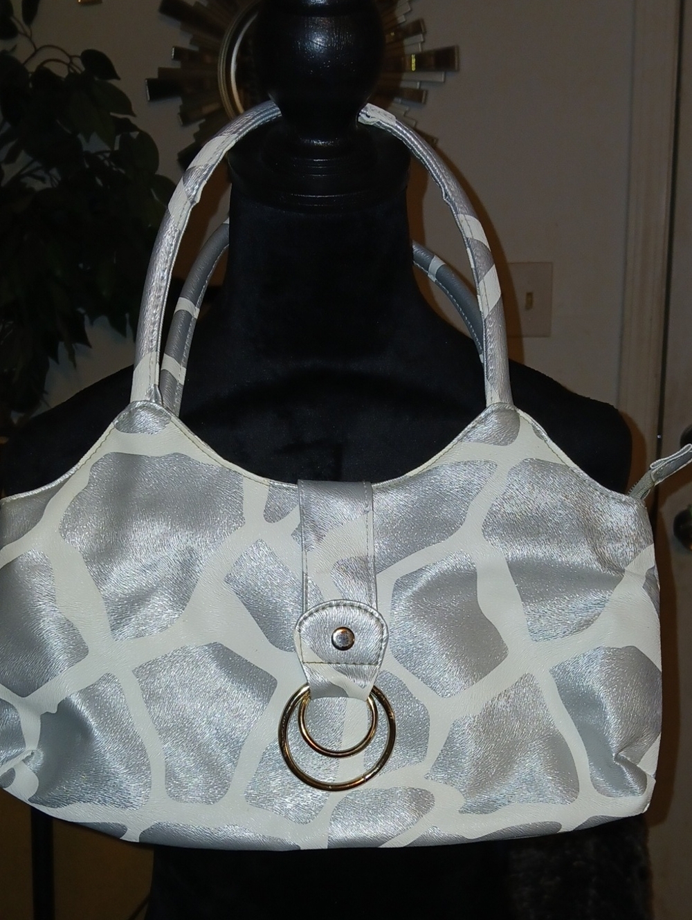 Ivory and Silver Ring-Accent Shoulder Bag